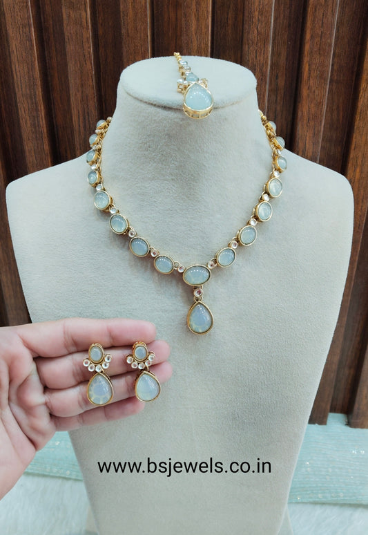 Pista Gold Kundan Necklace Jewellery Mahi Set