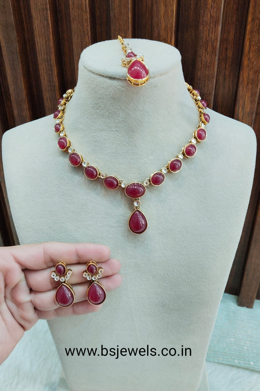 Maroon Gold Kundan Necklace Jewellery Mahi Set