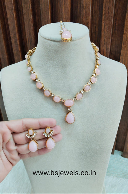 Pink Gold Kundan Necklace Jewellery Mahi Set