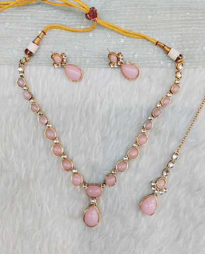 Pink Gold Kundan Necklace Jewellery Mahi Set