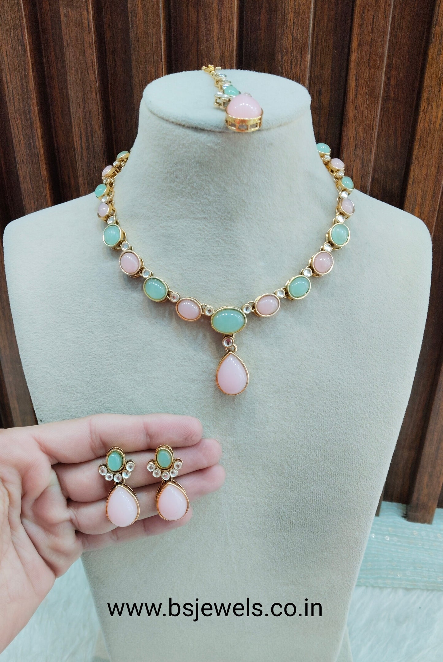 Mint Pink Gold Kundan Necklace Jewellery Mahi Set