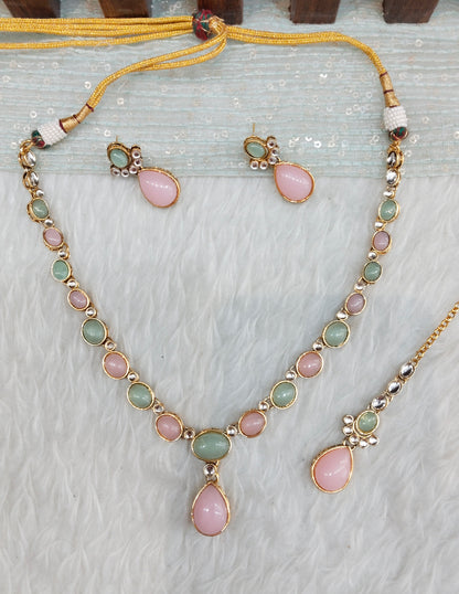 Mint Pink Gold Kundan Necklace Jewellery Mahi Set