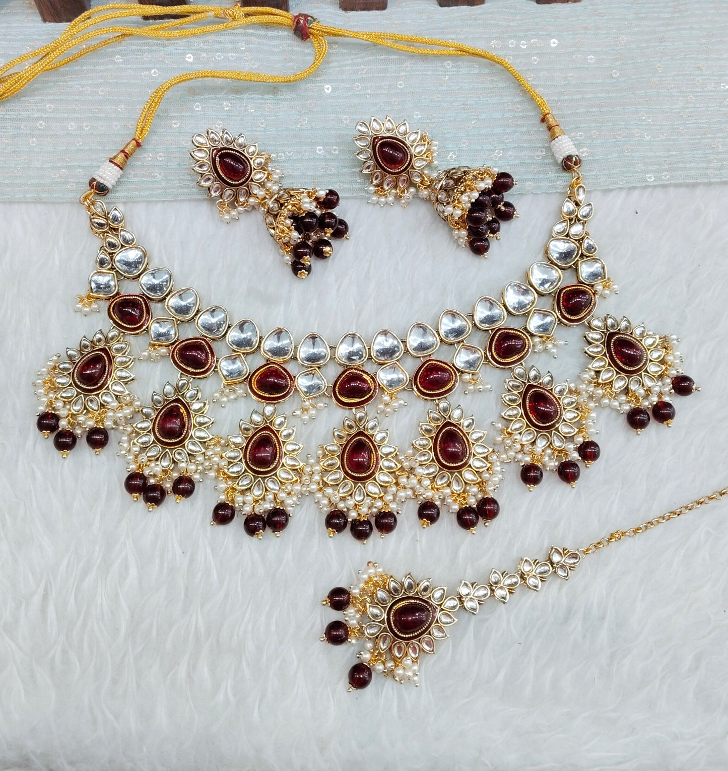 Maroon Gold Kundan Necklace Jewellery Homeland Set