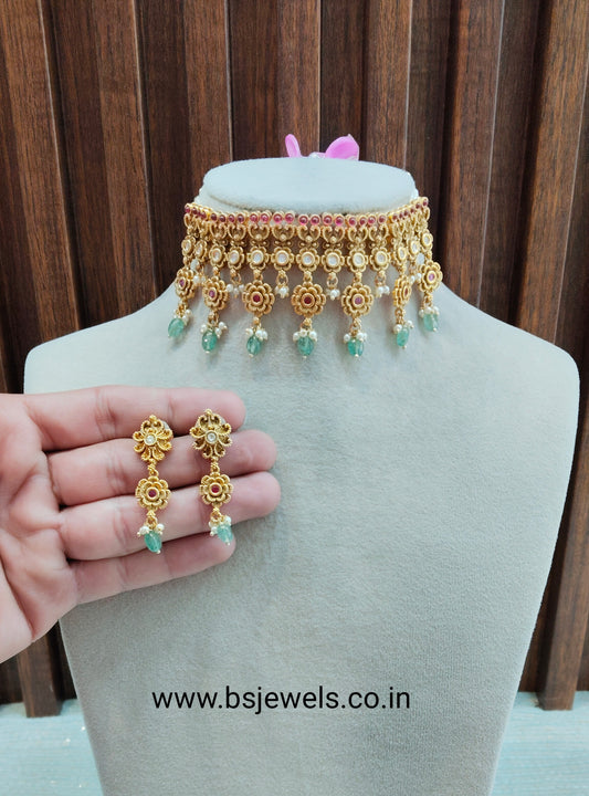 Ruby Sage Green Gold Polki Choker Jewellery Simran Set