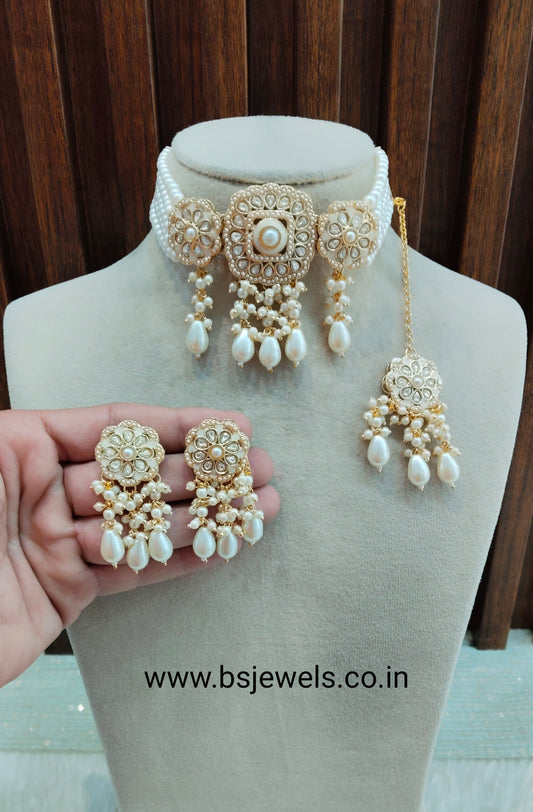White Gold Kundan Choker Jewellery Hardik Set