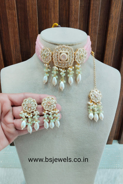 Pink Pista Gold Kundan Choker Jewellery Hardik Set