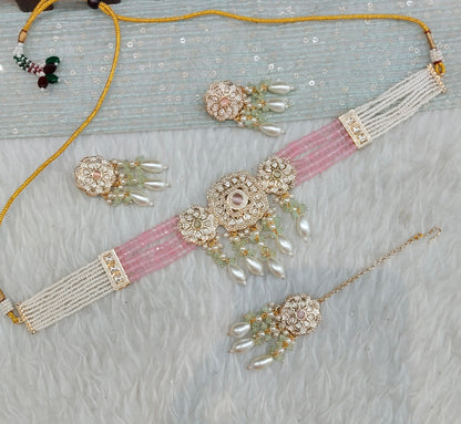 Pink Pista Gold Kundan Choker Jewellery Hardik Set