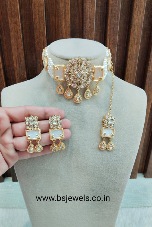 White Gold Kundan Choker Jewellery Hardik Set