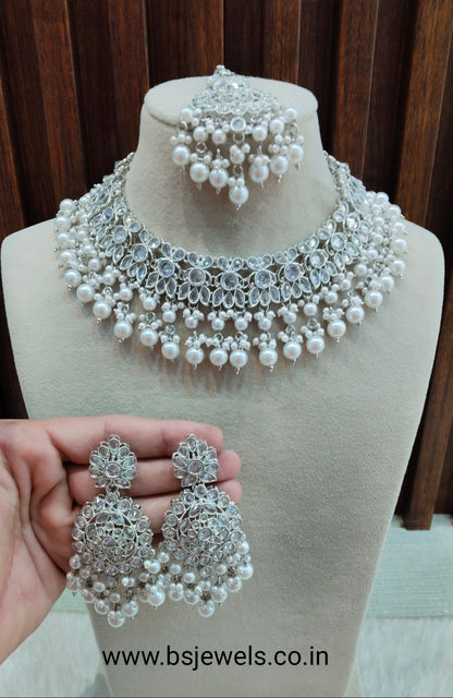 Silver White Champagne Stone Necklace Jewellery Eham Set