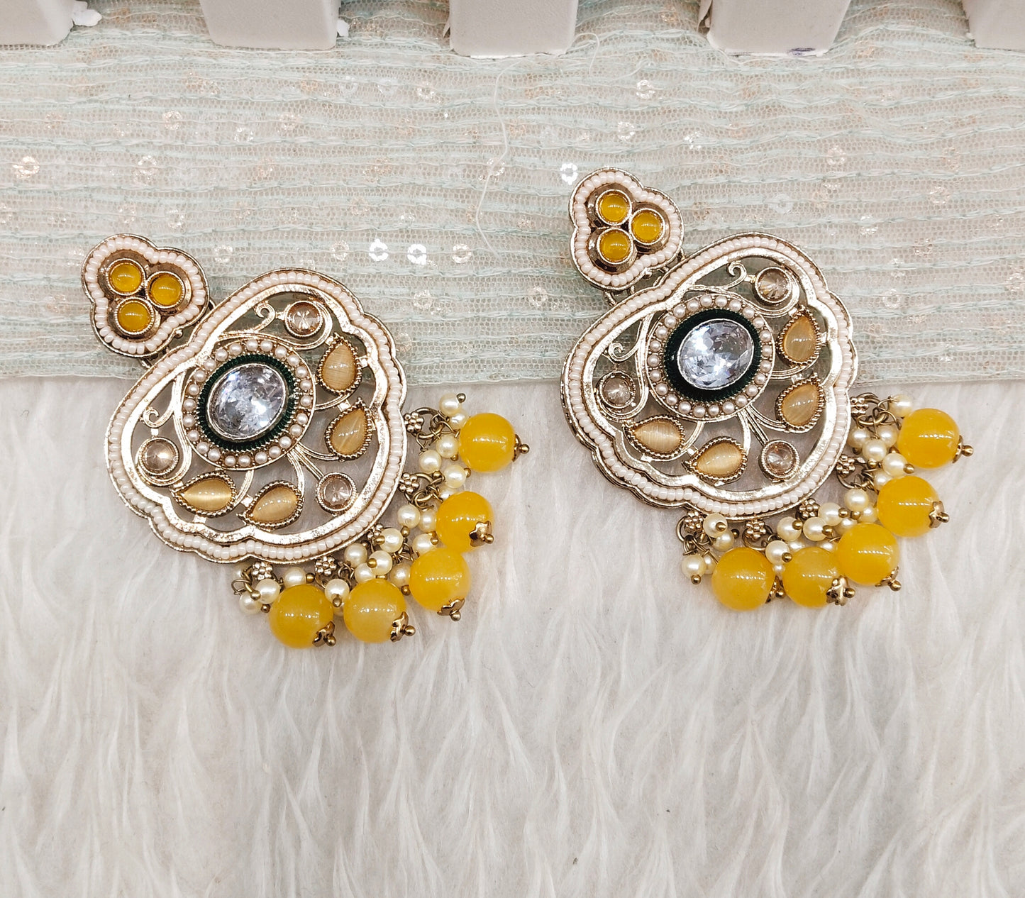 Yellow Antique Gold Bollywood Preet Earrings