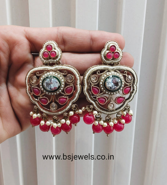 Dark Pink Antique Gold Bollywood Preet Earrings