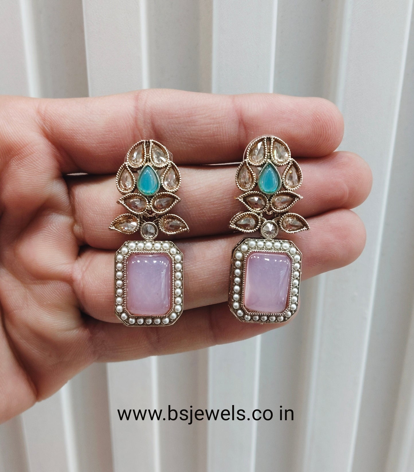 Sea Green Pink Antique Gold Bollywood Fine Earrings