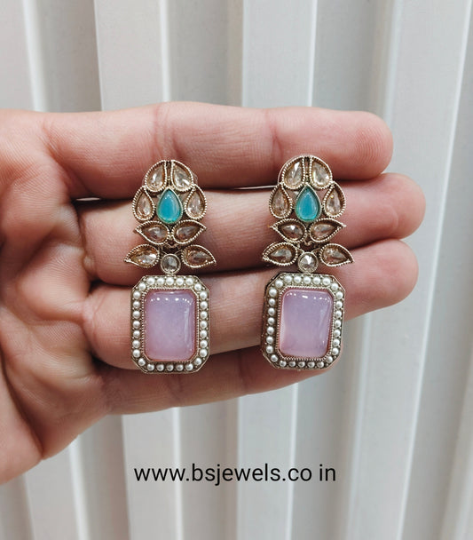 Sea Green Pink Antique Gold Bollywood Fine Earrings