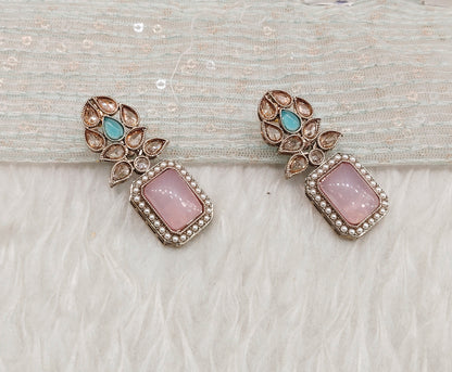 Sea Green Pink Antique Gold Bollywood Fine Earrings