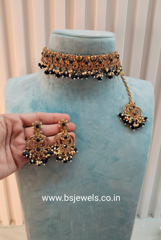 Blue Antique Gold Choker Jewellery Ricky Set