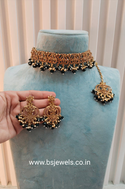 Dark Green Antique Gold Choker Jewellery Ricky Set