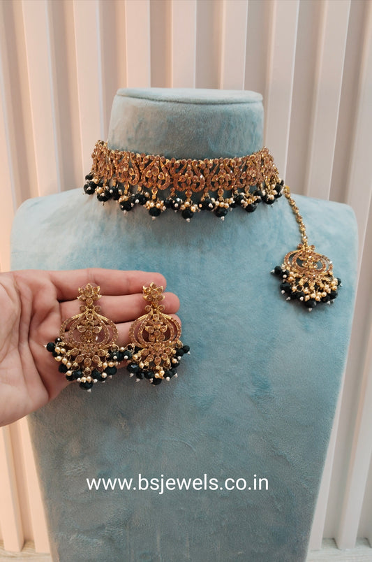 Dark Green Antique Gold Choker Jewellery Ricky Set