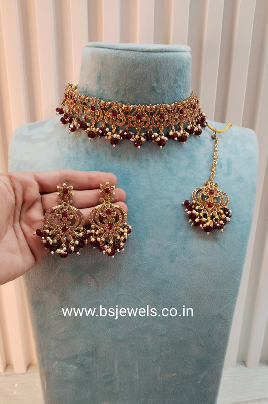 Maroon Antique Gold Choker Jewellery Ricky Set