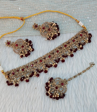 Maroon Antique Gold Choker Jewellery Ricky Set