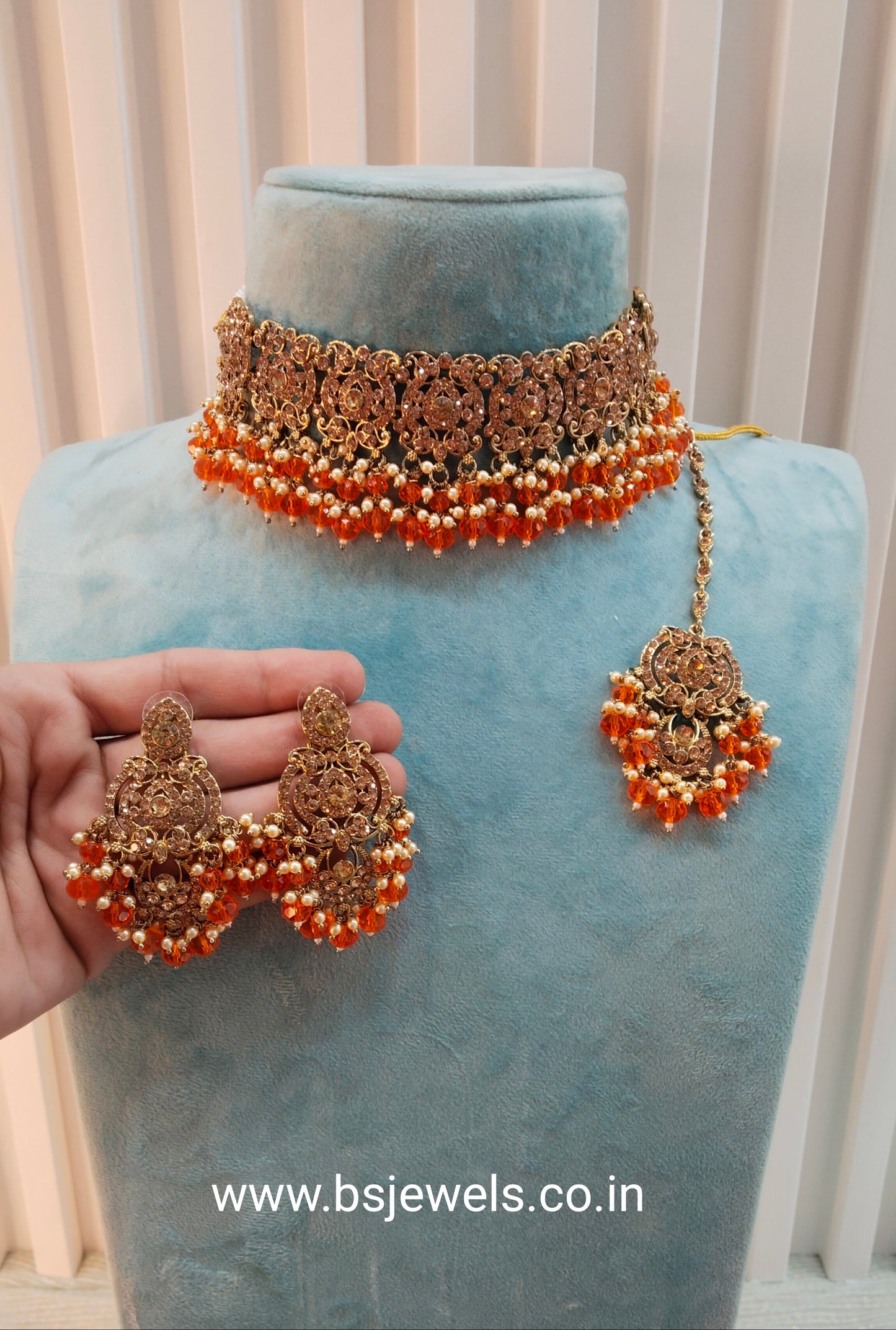 Orange Antique Gold Choker Jewellery David Set