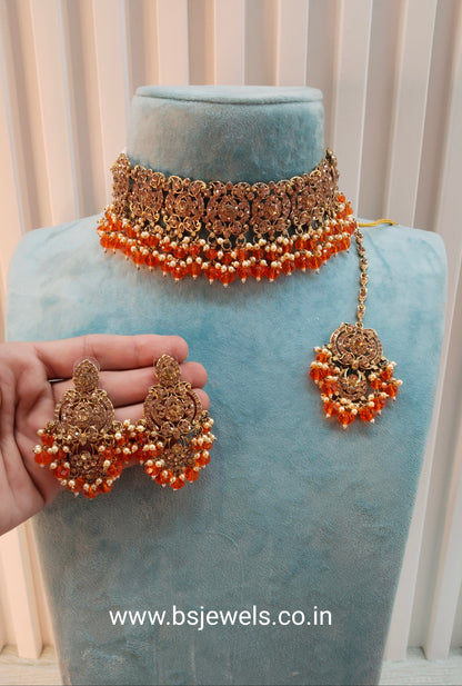 Orange Antique Gold Choker Jewellery David Set