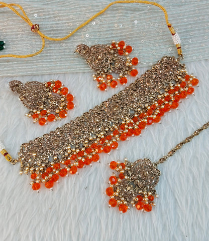 Orange Antique Gold Choker Jewellery David Set