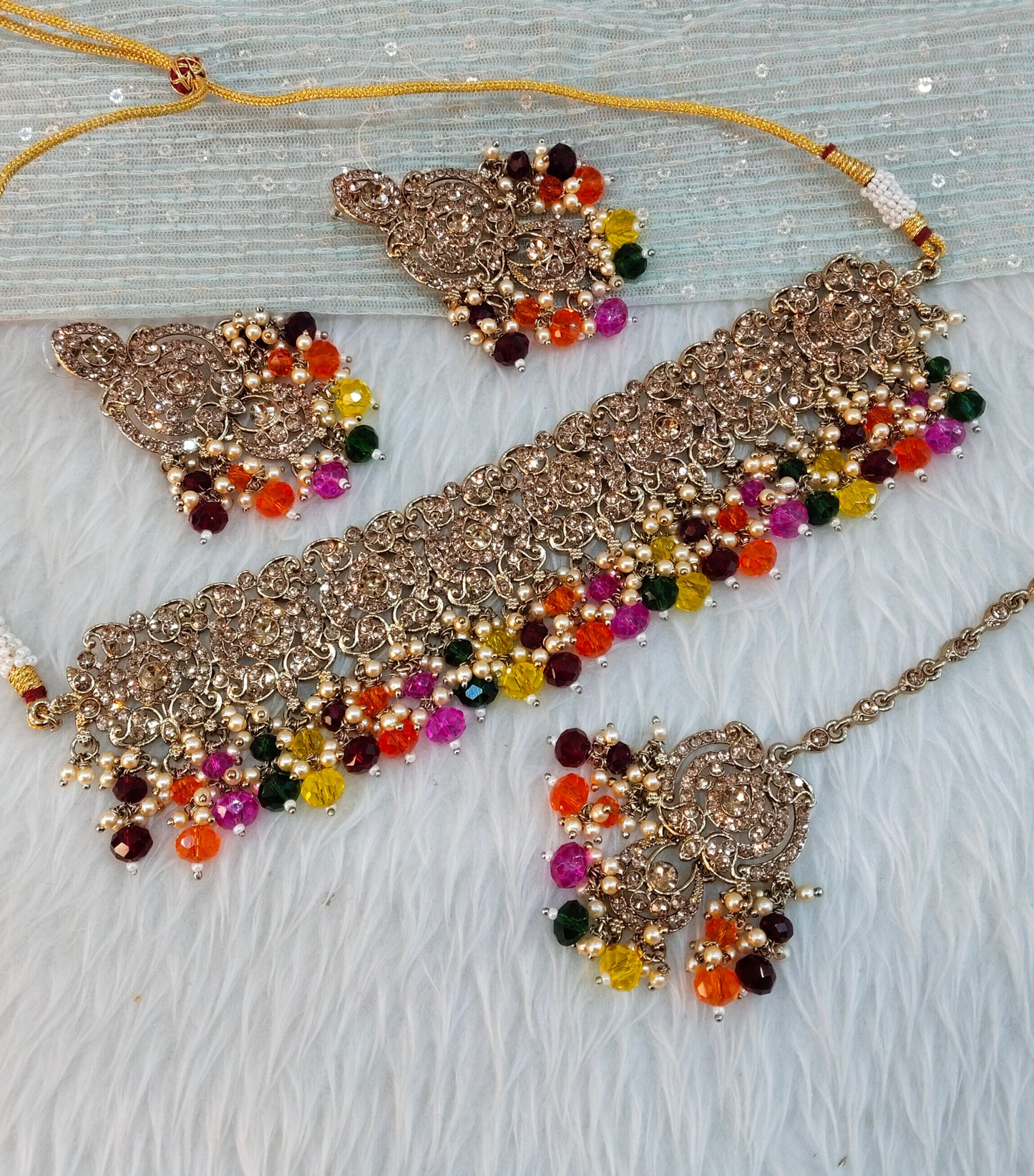 Multi Color Antique Gold Choker Jewellery David Set