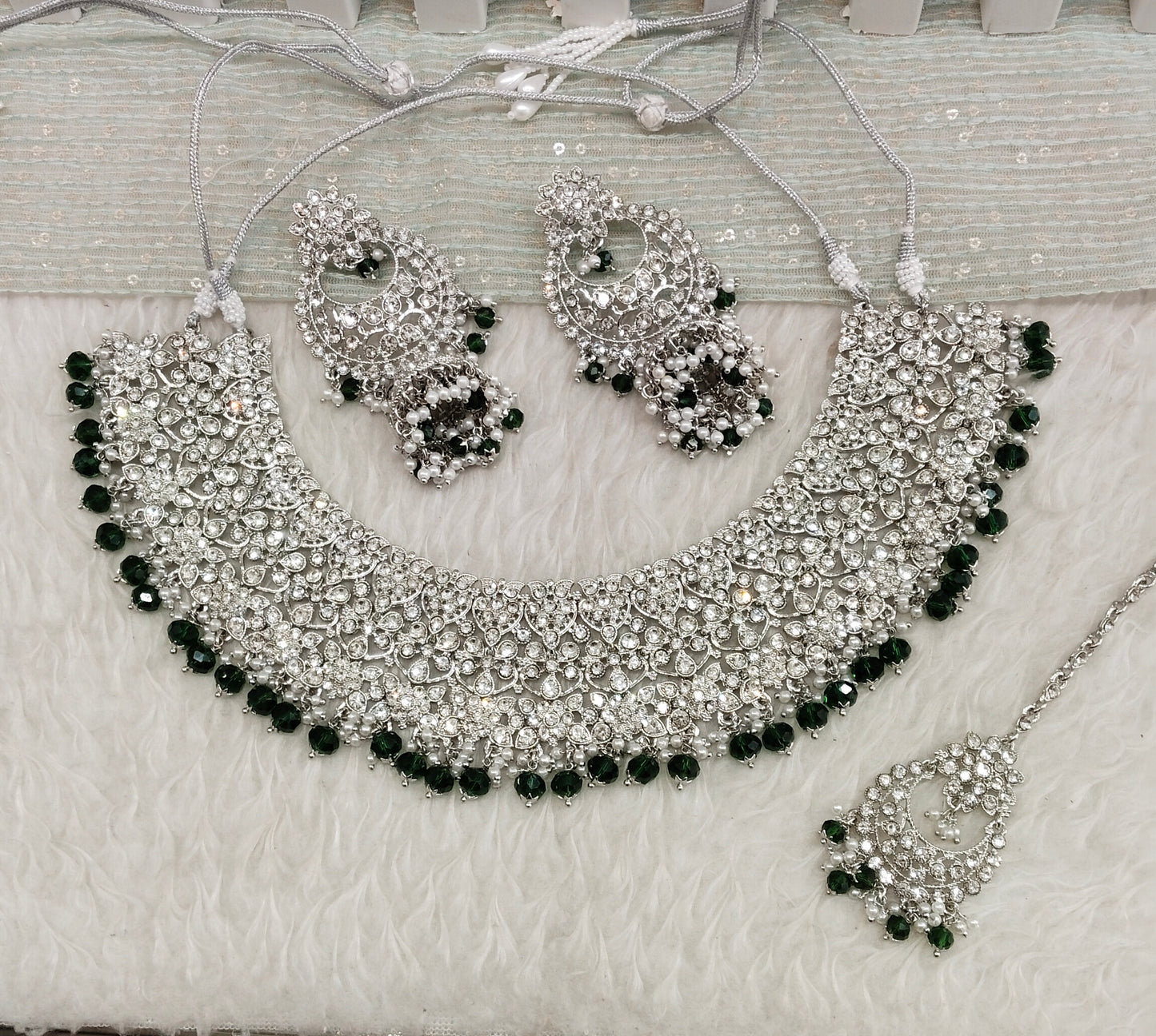 Green Silver Necklace Jewellery Astin Set