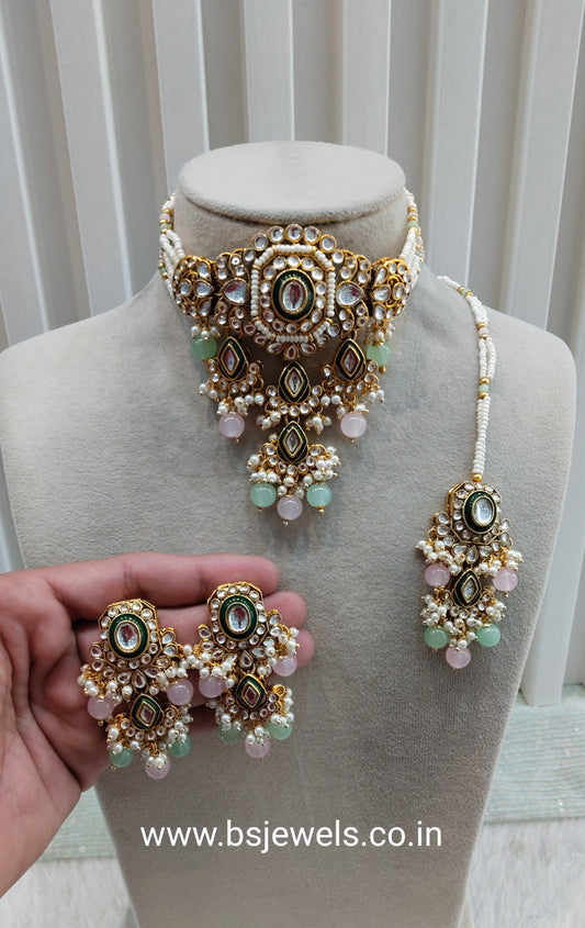 Mint Pink Kundan Choker Jewellery Ciylo Set