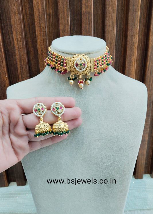 Ruby Green Gold Polki Choker Jewellery Smile Set