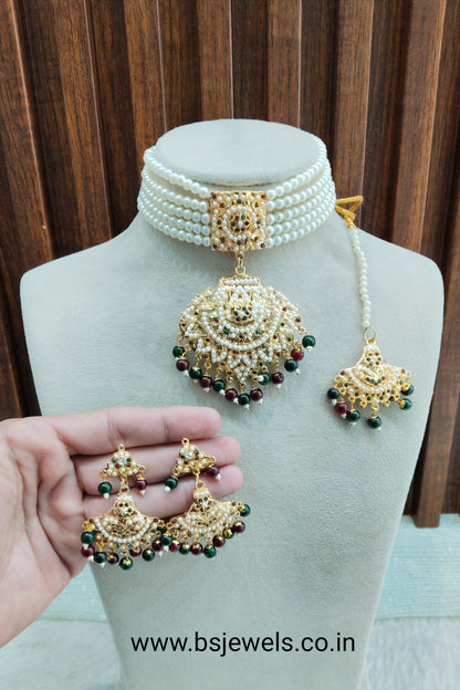 Ruby Green Jadau Choker Jewellery  Set