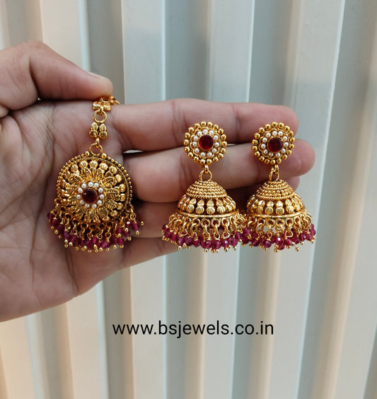 Ruby Gold Jhumki Bollywood Earrings and Tikka