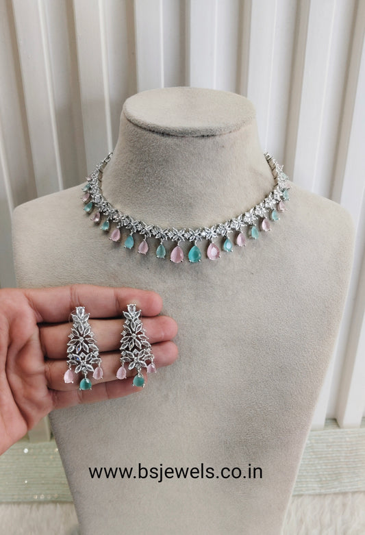Sea Green Pink Silver CZ Necklace Jewellery Marker Set