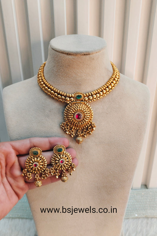 Ruby Green Gold Polki Necklace Jewellery Harf Set
