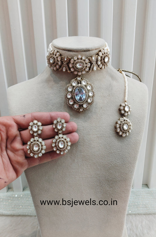 White Gold Moissanite Kundan Choker Jewellery Gulab Set