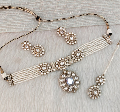 White Gold Moissanite Kundan Choker Jewellery Gulab Set