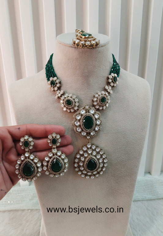 Green Gold Moissanite Kundan Necklace Jewellery Gulab Set