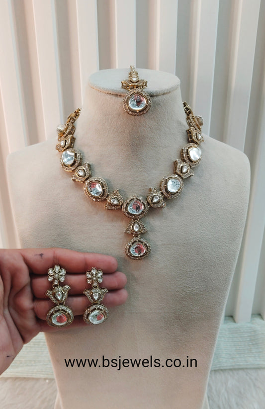 White Gold Moissanite Kundan Necklace Jewellery Garry Set