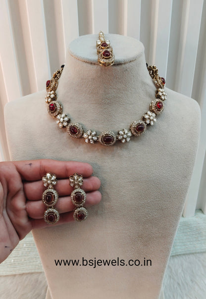 Maroon Gold Moissanite Kundan Necklace Jewellery Jordan Set