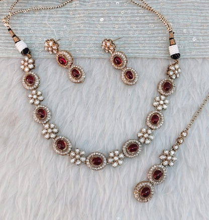 Maroon Gold Moissanite Kundan Necklace Jewellery Jordan Set