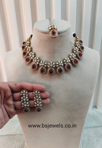 Maroon Gold Moissanite Kundan Necklace Jewellery Kartar Set