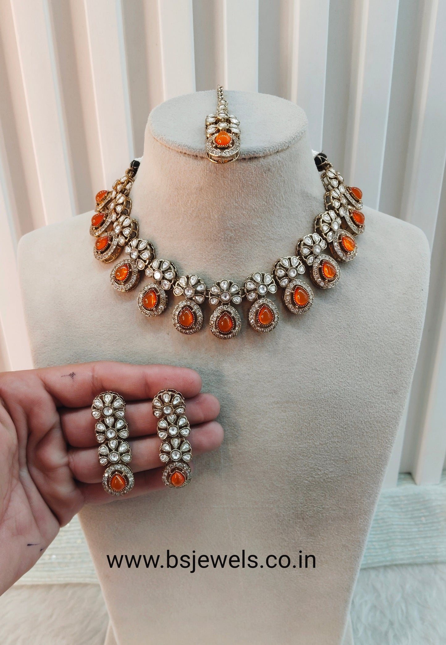 Orange Gold Moissanite Kundan Necklace Jewellery Kartar Set