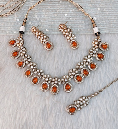 Orange Gold Moissanite Kundan Necklace Jewellery Kartar Set