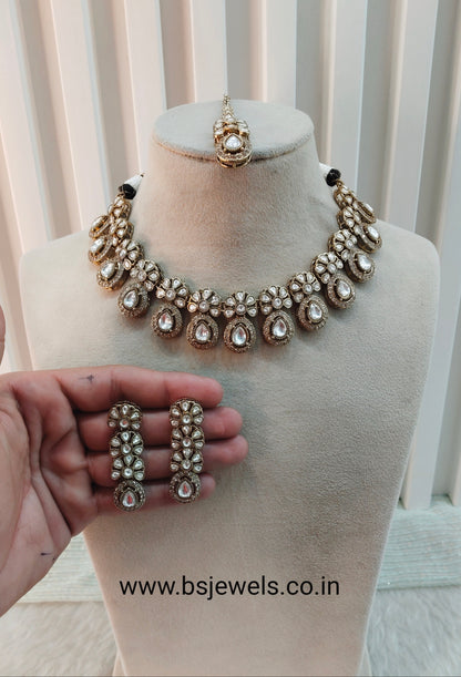 White Gold Moissanite Kundan Necklace Jewellery Kartar Set