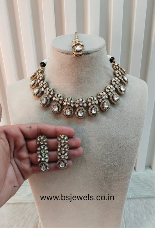 White Gold Moissanite Kundan Necklace Jewellery Kartar Set