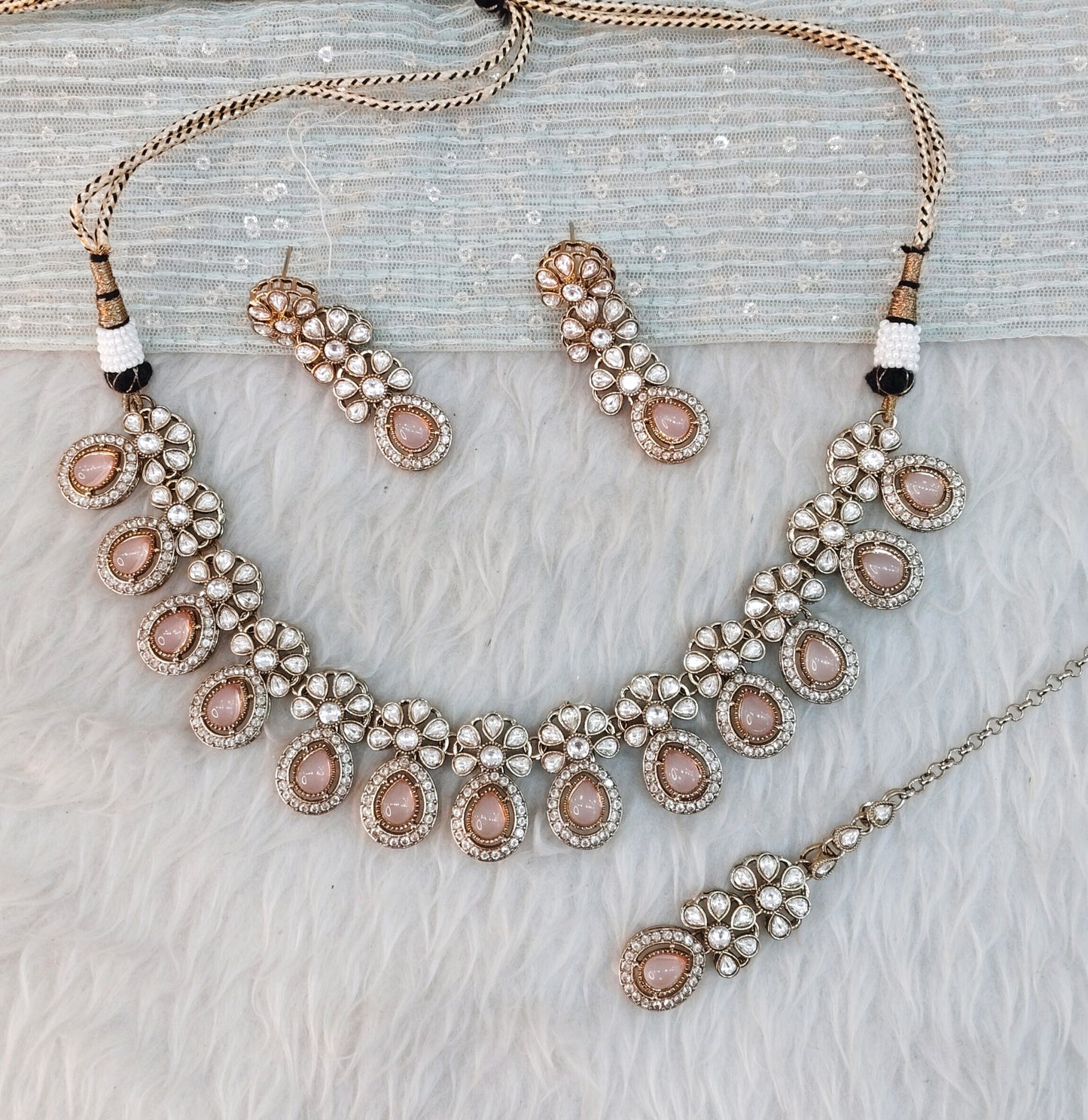 Pink Gold Moissanite Kundan Necklace Jewellery Kartar Set