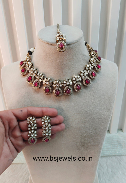 Rani Pink Gold Moissanite Kundan Necklace Jewellery Kartar Set