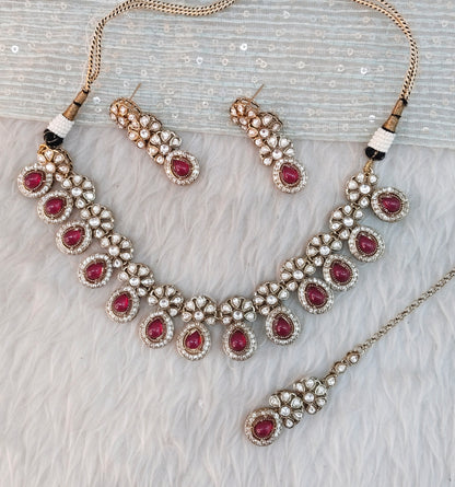 Rani Pink Gold Moissanite Kundan Necklace Jewellery Kartar Set