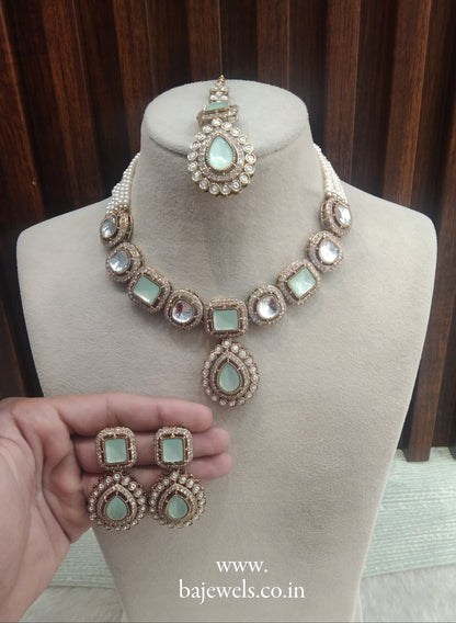 Pista Gold Moissanite Kundan Necklace Jewellery Manddy Set