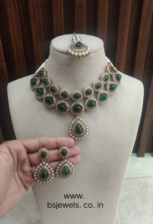 Green Gold Moissanite Kundan Necklace Jewellery Gippy Set